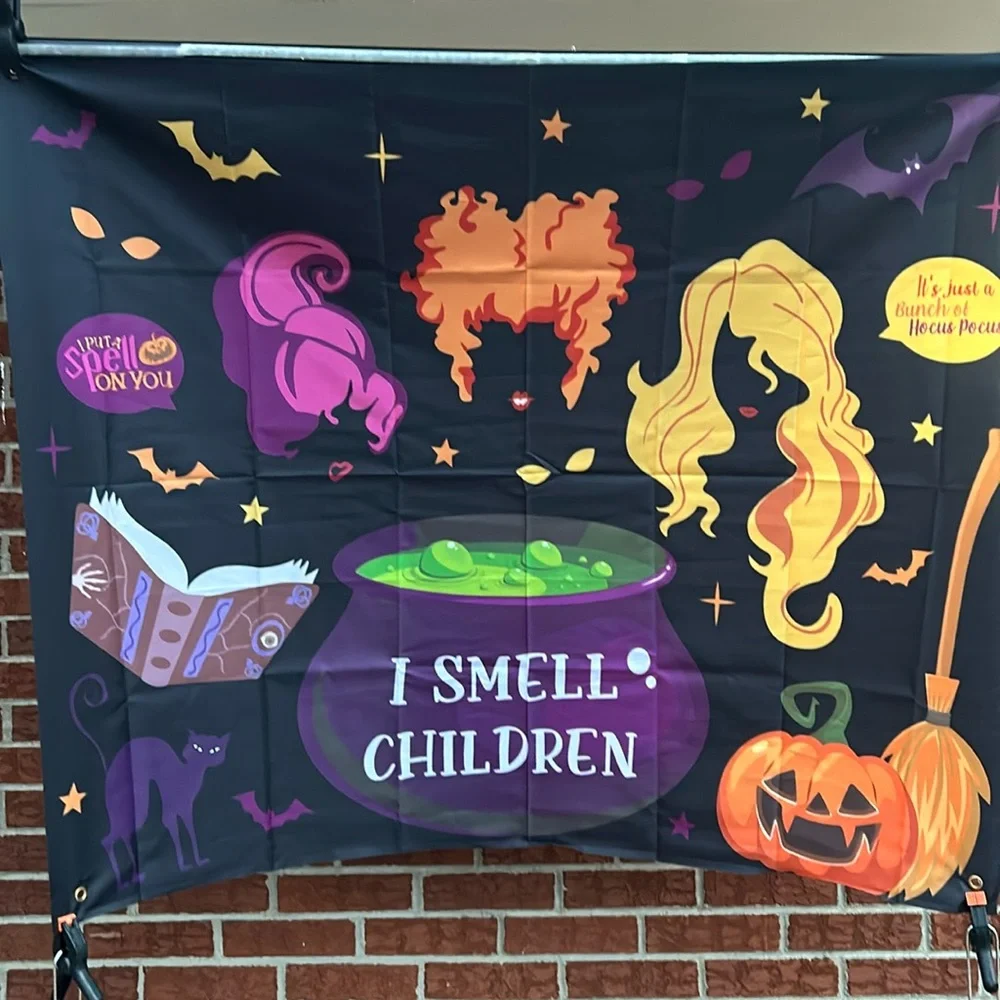Hocus Pocus backdrop, I smell children, 3 x 4, New, Black, orange, green purple